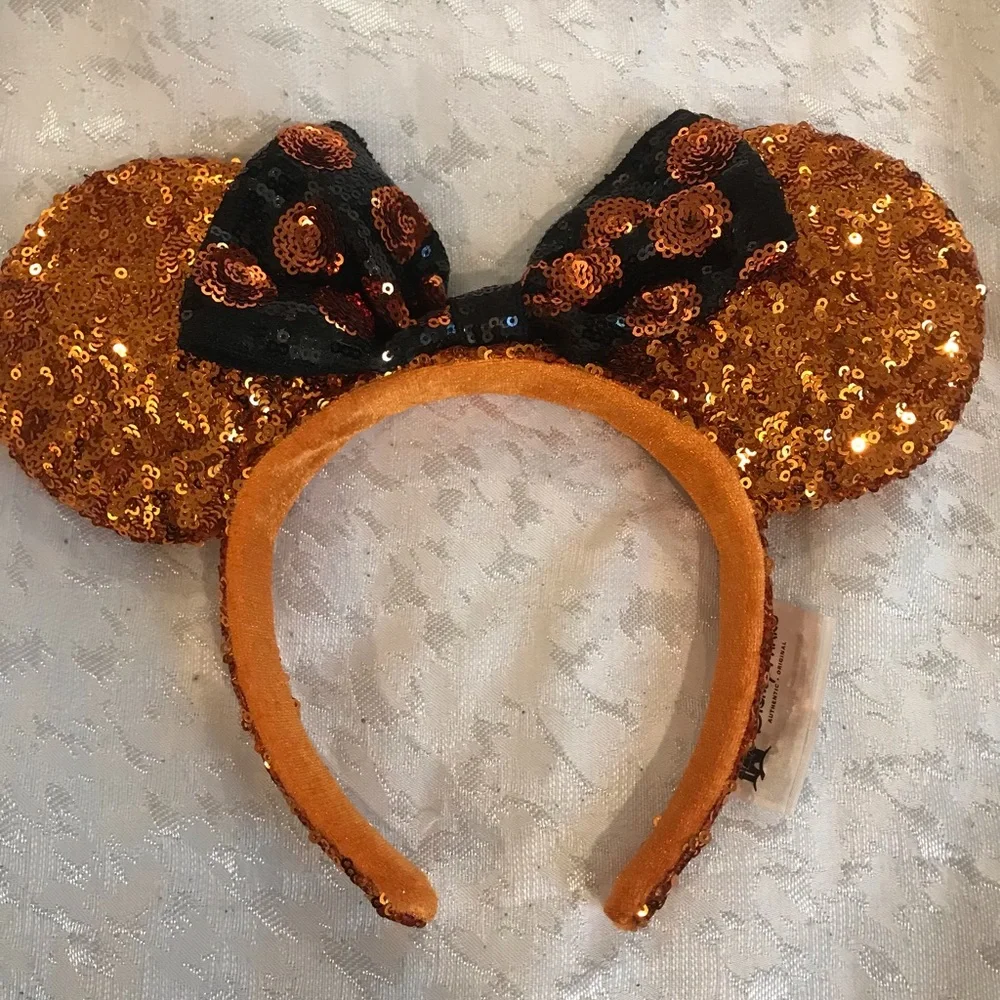 Orange Sequin Minnie Ears Headband with Black & Orange Bow